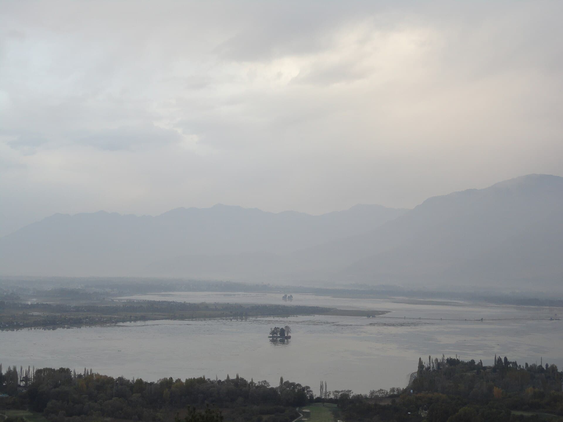 Dal Lake with chinar-covered islands