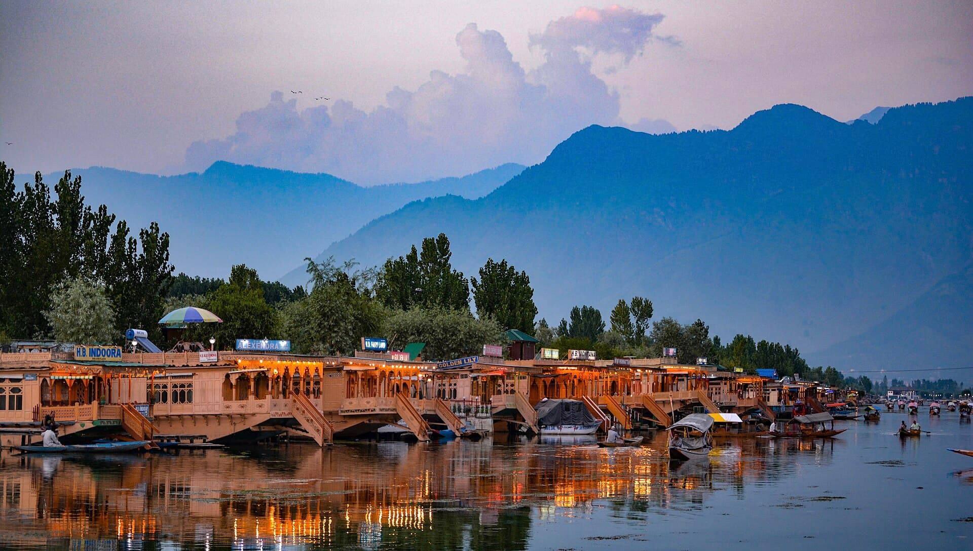 Row of traditional houseboats on Dal Lake
